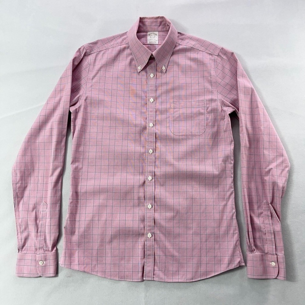 Brooks Brothers Soho Fit Button Down Shirt Men 15.5 - 36 Pink Plaid Stretch